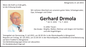 Traueranzeige von Gerhard Drmola von Schwäbische Post