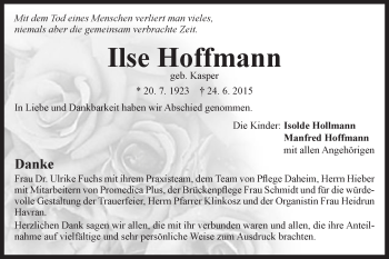Traueranzeige von llse Hofmann von Gmünder Tagespost