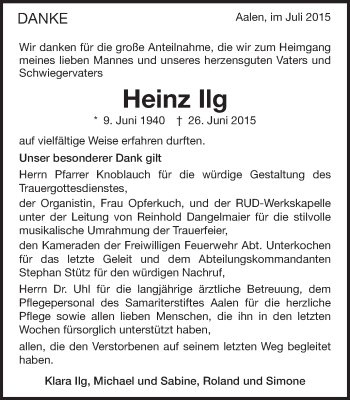 Traueranzeige von Heinz Ilg von Schwäbische Post