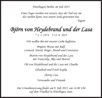 Traueranzeige von Björn von Heydebrand und der Lasa von Schwäbische Post