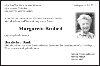 Traueranzeige von Margareta Brobeil von Schwäbische Post