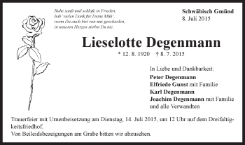 Traueranzeige von Lieselotte Degenmann von Gmünder Tagespost