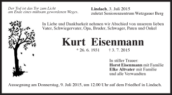 Traueranzeige von Kurt Eisenmann von Gmünder Tagespost