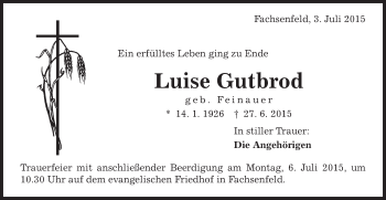 Traueranzeige von Luise Gutbrod von Schwäbische Post