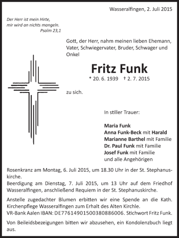 Traueranzeige von Fritz Funk von Schwäbische Post
