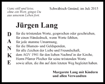 Traueranzeige von Jürgen Lang von Gmünder Tagespost