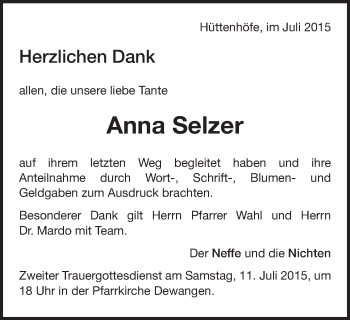 Traueranzeige von Anna Selzer  von Schwäbische Post