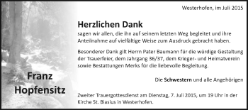 Traueranzeige von Franz Hopfensitz von Schwäbische Post
