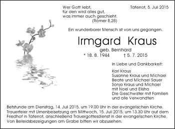 Traueranzeige von Irmgard Kraus von Gmünder Tagespost