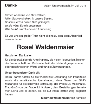 Traueranzeige von Rosel Waldenmaier von Schwäbische Post