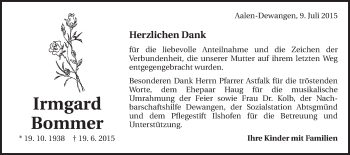 Traueranzeige von Irmgard Bommer von Schwäbische Post