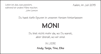 Traueranzeige von Moni  von Schwäbische Post
