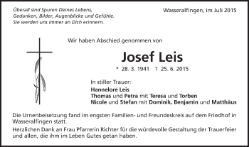 Traueranzeige von Josef Leis von Schwäbische Post