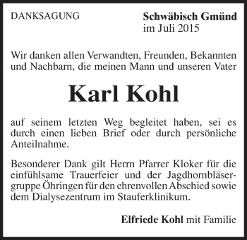 Traueranzeige von Karl Kohl von Gmünder Tagespost