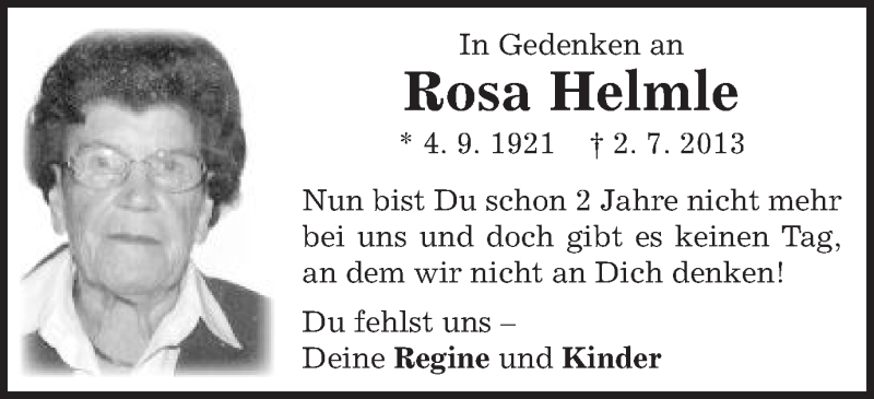  Traueranzeige für Rosa Helmle vom 02.07.2015 aus Schwäbische Post