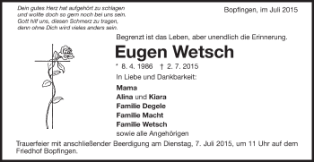 Traueranzeige von Eugen Wetsch  von Schwäbische Post