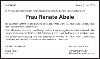 Traueranzeige von Renate Abele von Schwäbische Post