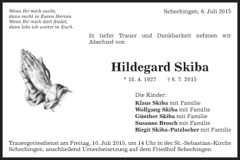Traueranzeige von Hildegard Skiba von Gmünder Tagespost