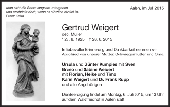 Traueranzeige von Gertrud Weigert von Schwäbische Post