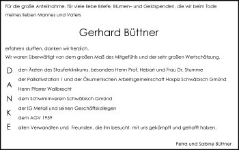 Traueranzeige von Gerhard Büttner von Gmünder Tagespost