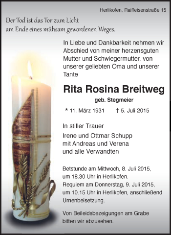 Traueranzeige von Rita Rosina Breitweg von Gmünder Tagespost