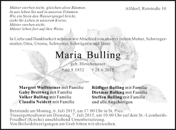 Traueranzeige von Maria Bulling von Gmünder Tagespost