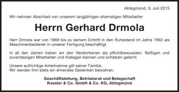 Traueranzeige von Gerhard Drmola von Schwäbische Post