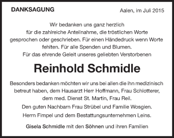 Traueranzeige von Reinhold Schmidle von Schwäbische Post