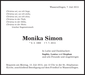 Traueranzeige von Monika Simon von Schwäbische Post