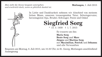 Traueranzeige von Siegfried Sorg von Gmünder Tagespost