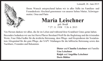 Traueranzeige von Maria Leischner von Gmünder Tagespost