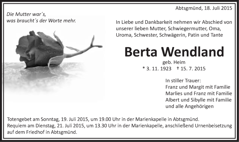  Traueranzeige für Berta Wendland vom 18.07.2015 aus Schwäbische Post