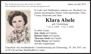 Traueranzeige von Klara Abele von Schwäbische Post