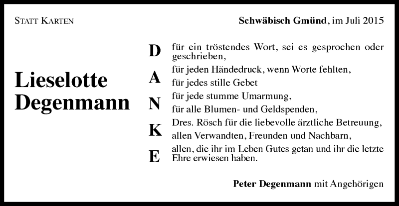  Traueranzeige für Lieselotte Degenmann vom 20.07.2015 aus Gmünder Tagespost