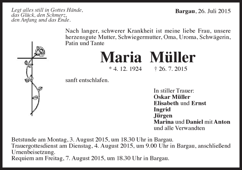  Traueranzeige für Maria Müller vom 30.07.2015 aus Gmünder Tagespost
