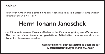 Traueranzeige von Johann Janoschek von Schwäbische Post