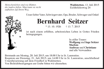 Traueranzeige von Bernhard Seitzer von Gmünder Tagespost