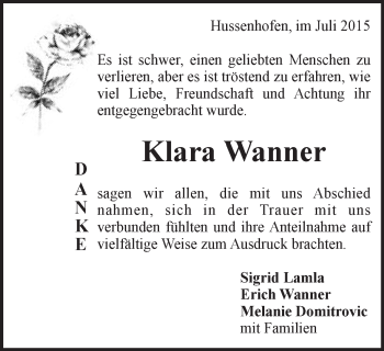 Traueranzeige von Klara Wanner von Gmünder Tagespost