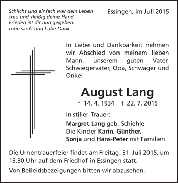 Traueranzeige von August Lang von Schwäbische Post