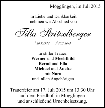 Traueranzeige von Tilla Stritzelberger von Gmünder Tagespost