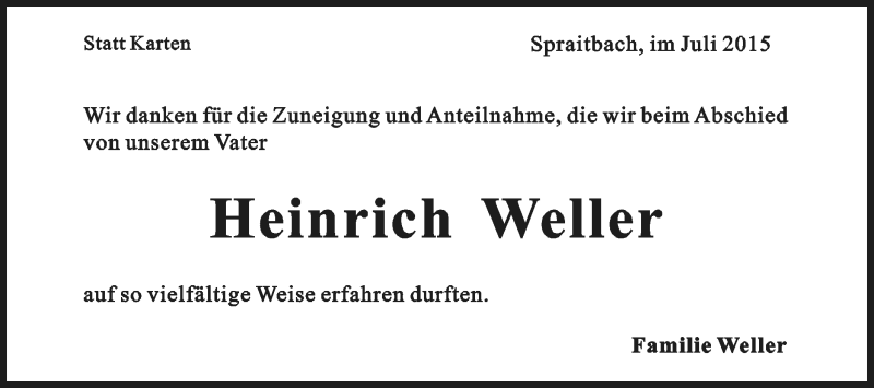  Traueranzeige für Heinrich Weller vom 31.07.2015 aus Gmünder Tagespost