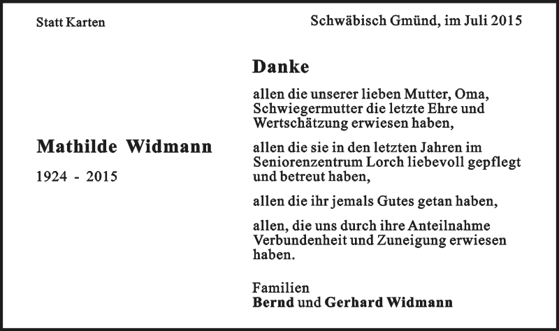  Traueranzeige für Mathilde Widmann vom 25.07.2015 aus Gmünder Tagespost