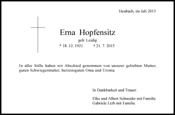 Traueranzeige von Erna Hopfensitz von Gmünder Tagespost
