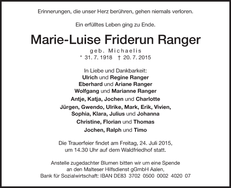  Traueranzeige für Marie-Luise Friderun Ranger vom 22.07.2015 aus Schwäbische Post