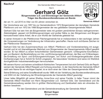 Traueranzeige von Gerhard Gölz von Gmünder Tagespost