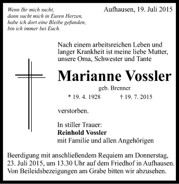 Traueranzeige von Marianne Vossler von Schwäbische Post