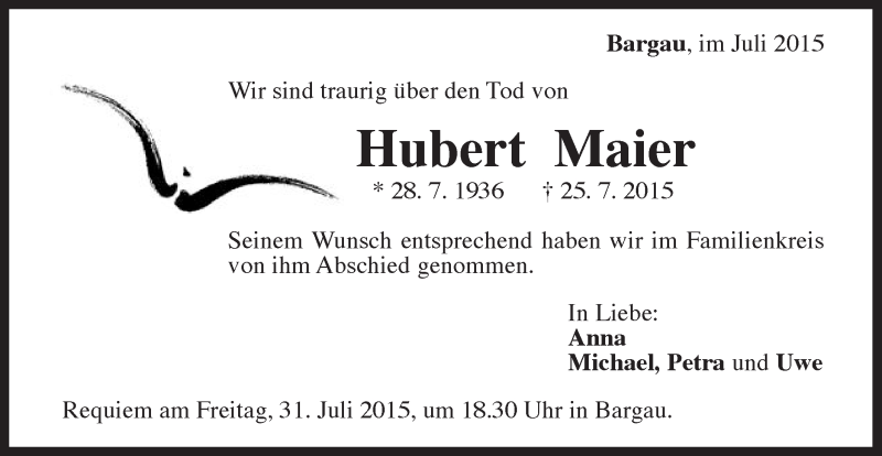  Traueranzeige für Hubert Maier vom 31.07.2015 aus Gmünder Tagespost