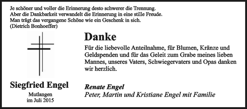  Traueranzeige für Siegfried Engel vom 21.07.2015 aus Gmünder Tagespost