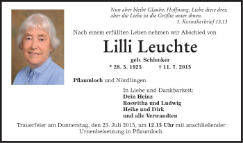 Traueranzeige von Lilli Leuchte von Schwäbische Post