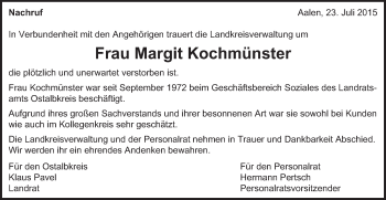 Traueranzeige von Margit Kochmünster von Gmünder Tagespost